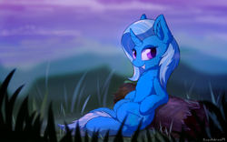 Size: 2776x1728 | Tagged: safe, artist:breakdream, trixie, pony, unicorn, chest fluff, female, fluffy, grass, grin, log, looking at you, mare, sitting, smiling, solo
