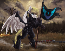 Size: 2203x1729 | Tagged: safe, artist:zefirayn, oc, oc only, oc:wholeheart, pegasus, pony, armor, battlefield, blood, fire, flag, grass, male, new lunar republic, solo, stallion, sword, weapon, ych result