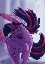 Size: 583x827 | Tagged: safe, artist:jowyb, twilight sparkle, twilight sparkle (alicorn), alicorn, pony, betrayed, colored wings, colored wingtips, crying, eyes closed, gums, hilarious in hindsight, open mouth, running, sad, screaming, signature, solo, tantrum, teeth, tongue out, trotting, upset, yelling