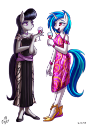 Size: 2480x3508 | Tagged: safe, artist:jowyb, dj pon-3, octavia melody, vinyl scratch, anthro, plantigrade anthro, alcohol, clothes, dress, formal, formal dress, open mouth, simple background, transparent background, wine, wine glass