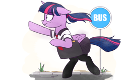 Size: 1024x650 | Tagged: safe, artist:j24262756, twilight sparkle, twilight sparkle (alicorn), alicorn, pony, bag, bus stop, clothes, cute, female, mare, moe, pantyhose, pleated skirt, ponytail, running, sign, skirt, skirt lift, solo, street
