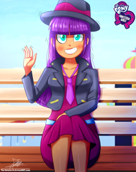 Size: 920x1160 | Tagged: safe, artist:the-butch-x, part of a set, ginger owlseye, equestria girls, background human, bench, blushing, butch's hello, clothes, cute, equestria girls logo, fedora, female, grin, hat, hello x, jacket, looking at you, necktie, nervous, owlabetes, shaking, signature, sitting, sky, smiling, solo, sweat, trembling, waving