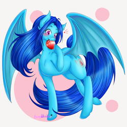 Size: 1024x1024 | Tagged: safe, artist:bunnywhiskerz, oc, oc only, oc:nightingale mane, bat pony, pony, apple, bat pony oc, biting, commission, fangs, female, food, mare, simple background, smiling, solo