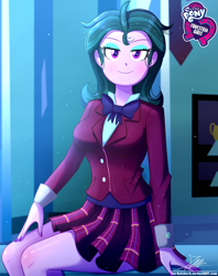 Size: 920x1160 | Tagged: safe, artist:the-butch-x, part of a set, zephyr, equestria girls, friendship games, background human, blushing, bow, bowtie, breasts, butch's hello, clothes, crystal prep academy uniform, crystal prep shadowbolts, equestria girls logo, female, hello x, looking at you, nail polish, plaid skirt, pleated skirt, poster, school uniform, signature, sitting, skirt, smiling, solo, trophy