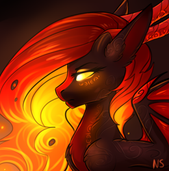 Size: 1372x1390 | Tagged: safe, artist:nightskrill, oc, oc only, demon pony, pony, bust, eyelashes, glowing eyes, multiple horns, portrait, solo