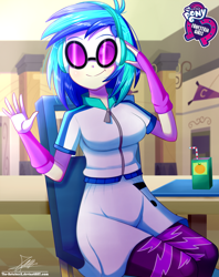 Size: 920x1160 | Tagged: safe, artist:the-butch-x, part of a set, dj pon-3, vinyl scratch, equestria girls, breasts, butch's hello, cafeteria, canterlot high, chair, clothes, cute, drinking straw, equestria girls logo, female, fingerless gloves, glasses, gloves, headphones, hello x, jacket, juice, juice box, leggings, looking at you, my little pony logo, signature, sitting, skirt, smiling, solo, straw, table, vinyl stacked, vinyl's glasses, waving