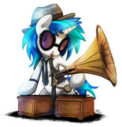 Size: 1300x1357 | Tagged: safe, artist:fidzfox, dj pon-3, vinyl scratch, pony, unicorn, clothes, female, gramophone, hat, mare, necktie, open mouth, simple background, smiling, solo, sunglasses, transparent background, vest