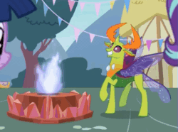 Size: 539x402 | Tagged: safe, screencap, starlight glimmer, thorax, twilight sparkle, twilight sparkle (alicorn), alicorn, changedling, changeling, pony, triple threat, animated, behaving like a moth, bugs doing bug things, ceremonial dragon fire flame of friendship, cute, fire, galloping, gif, image macro, king thorax, male, ponyville, silly changeling, solo focus, spread wings, thorabetes, trio, trotting, trotting in place