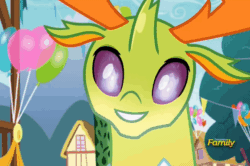 Size: 674x448 | Tagged: safe, screencap, thorax, changedling, changeling, season 7, triple threat, animated, balloon, behaving like a moth, bugs doing bug things, ceremonial dragon fire flame of friendship, cute, discovery family logo, fire, flame eyes, gif, king thorax, male, smiling, solo, thorabetes, wingding eyes