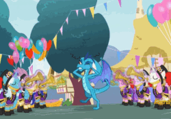 Size: 564x395 | Tagged: safe, screencap, clarion call, cornetta, princess ember, twinkleshine, dragon, pony, unicorn, triple threat, angry, animated, background pony, balloon, clothes, cropped, discovery family logo, female, gif, glowing horn, hat, levitation, loud noises, magic, magic aura, mare, misunderstanding, musical instrument, rawr, scared, surprised, surprised face, telekinesis, top hat, trumpet, uniform, unnamed character, unnamed pony, zip lines