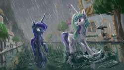 Size: 1280x720 | Tagged: safe, artist:plainoasis, princess celestia, princess luna, alicorn, pony, background pony, canterlot, clothes, duo focus, female, folded wings, looking at each other, mare, missing accessory, open mouth, open smile, rain, road, royal sisters, scenery, siblings, sisters, smiling, smiling at each other, street, suit, town, umbrella, walking, water, wet mane