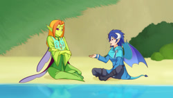 Size: 1280x720 | Tagged: safe, artist:jonfawkes, princess ember, thorax, changedling, changeling, elf, human, triple threat, androgynous, clothes, elf ears, embrax, female, horned humanization, humanized, interspecies, king thorax, lake, male, open mouth, scene interpretation, shipping, sitting, straight, winged humanization, wings