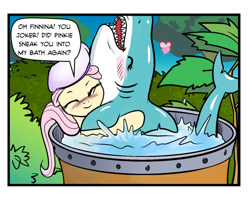 Size: 622x497 | Tagged: safe, artist:pencils, fluttershy, pegasus, pony, shark, comic:fluttershy's anti-adventures, blushing, everything went better than expected, hug, splash, swimming pool, water