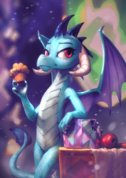 Size: 850x1200 | Tagged: safe, artist:assasinmonkey, princess ember, dragon, triple threat, apple, armpits, carrot, crystal, female, food, looking at you, muffin, pure unfiltered evil, solo
