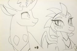 Size: 1023x687 | Tagged: safe, artist:evergreen-gemdust, princess ember, thorax, changedling, changeling, dragon, triple threat, embrax, female, interspecies, king thorax, male, monochrome, shipping, straight, traditional art