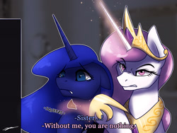 Size: 2000x1500 | Tagged: safe, artist:gasmaskfox, princess celestia, princess luna, alicorn, pony, abuse, choking, crown, crying, female, floppy ears, house of cards, jewelry, lunabuse, mare, out of character, parody, pink-mane celestia, regalia, royal sisters, serious, serious face