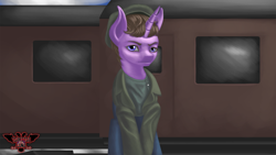 Size: 3840x2160 | Tagged: safe, artist:tsaritsaluna, starlight glimmer, pony, alternate hairstyle, clothes, disguise, hat, lenin, looking at you, ponified, revolution, snow, stalin glimmer, train