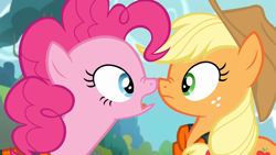 Size: 1280x720 | Tagged: safe, screencap, applejack, pinkie pie, earth pony, pony, pinkie apple pie, season 4, boop, duo, duo female, duo focus, female, looking at each other, nose to nose, open mouth