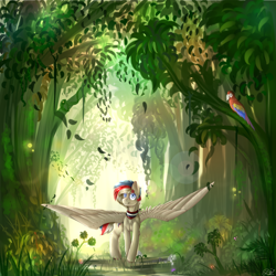 Size: 2080x2081 | Tagged: safe, artist:darkshadowww, oc, oc only, parrot, pegasus, pony, snake, forest, scenery, smiling, solo, spread wings, wings