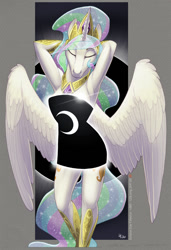 Size: 1025x1500 | Tagged: safe, artist:loupgarou, princess celestia, alicorn, anthro, arm behind head, armpits, censored, clothes, dress, eclipse, eclipse dress, female, hoers, mare, solar eclipse, solo