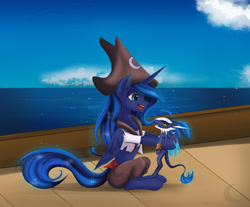 Size: 1447x1200 | Tagged: safe, artist:silver-wingx, princess luna, oc, alicorn, dragon, pony, bicorne, clothes, cloud, female, hat, looking at each other, mare, pirate, pirate hat, sky, smiling, solo, water