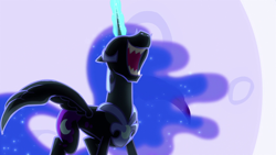 Size: 1920x1080 | Tagged: safe, screencap, nightmare moon, alicorn, pony, princess twilight sparkle (episode), glowing horn, laughing, moon, nose in the air, open mouth, solo, volumetric mouth