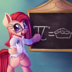 Size: 2000x2000 | Tagged: safe, artist:discorded, pinkie pie, earth pony, pony, atg 2017, belly button, bipedal, chalkboard, cute, cuteamena, female, food, glasses, happy, looking at you, mare, math, newbie artist training grounds, pi, pie, pinkamena diane pie, pinkie specks, smiling, solo, teaching