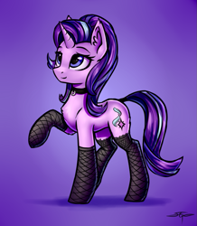 Size: 817x935 | Tagged: safe, artist:setharu, starlight glimmer, pony, unicorn, choker, clothes, collar, cute, female, fishnet stockings, glimmerbetes, mare, pet glimmer, raised hoof, simple background, smiling, solo, stockings, tail wrap, thigh highs