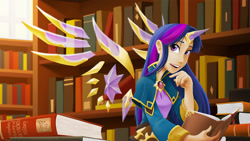 Size: 1920x1080 | Tagged: safe, artist:didj, twilight sparkle, twilight sparkle (alicorn), alicorn, human, book, bookshelf, clothes, humanized, library, my little mages, open mouth, smiling, solo