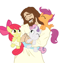 Size: 5500x5660 | Tagged: safe, artist:joelashimself, artist:vito, apple bloom, scootaloo, sweetie belle, pony, absurd resolution, christianity, cute, cutie mark crusaders, holding a pony, hug, jesus christ, religion, simple background, transparent background, vector
