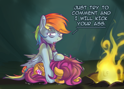 Size: 1400x1000 | Tagged: safe, artist:redheadfly, rainbow dash, scootaloo, pegasus, pony, campfire tales, comforting, duo, female, filly, fire, mare, offscreen character, scootalove, shaking, talking to viewer, vulgar