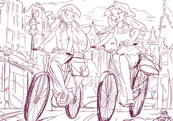 Size: 1156x808 | Tagged: safe, artist:jowyb, sunset shimmer, twilight sparkle, equestria girls, amsterdam, bicycle, humanized, monochrome