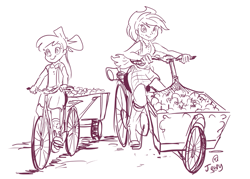 Size: 1085x779 | Tagged: safe, artist:jowyb, apple bloom, applejack, equestria girls, bicycle, humanized, monochrome