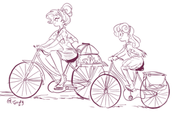 Size: 1081x718 | Tagged: safe, artist:jowyb, rarity, sweetie belle, equestria girls, bicycle, humanized, monochrome