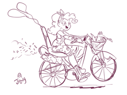 Size: 975x727 | Tagged: safe, artist:jowyb, gummy, pinkie pie, equestria girls, bicycle, humanized, monochrome