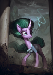 Size: 850x1200 | Tagged: safe, artist:assasinmonkey, mistmane, dragon, pony, unicorn, campfire tales, clothes, female, mare, open mouth