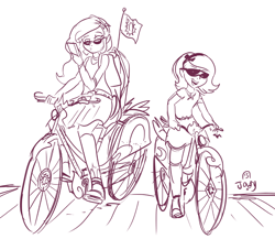 Size: 888x772 | Tagged: safe, artist:jowyb, princess celestia, princess luna, principal celestia, vice principal luna, equestria girls, bicycle, female, filly, humanized, monochrome, sunglasses, woona, younger