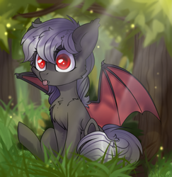 Size: 1745x1797 | Tagged: safe, artist:starlyflygallery, oc, oc only, oc:dusty fang, bat pony, pony, :p, chest fluff, crepuscular rays, female, forest, mare, silly, sitting, solo, tongue out, tree