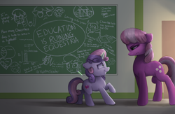 Size: 2000x1300 | Tagged: safe, artist:vanillaghosties, cheerilee, sweetie belle, earth pony, pony, unicorn, abuse, atg 2017, best pony, caught, chalkboard, cheeribuse, cheerilee is unamused, current year, eye contact, featured image, female, filly, floppy ears, frown, glare, grin, imminent spanking, implied big macintosh, implied sugar belle, implied sugarmac, levitation, looking at each other, magic, mare, nervous, nervous grin, newbie artist training grounds, now you fucked up, out of character, profile, raised hoof, sheepish grin, smiling, student, sweetie belle's magic brings a great big smile, sweetie fail, teacher, teacher and student, telekinesis, the emoji movie, this will end in detention, unamused, wat, wide eyes, worst pony, you dun goofed