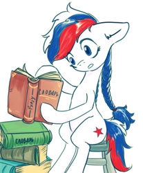 Size: 829x1000 | Tagged: safe, artist:kovoranu, oc, oc only, oc:marussia, earth pony, pony, book, braid, chair, female, learning, nation ponies, ponified, reading, russia, russian, simple background, sitting, solo, white background