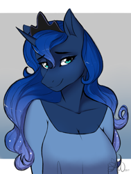 Size: 2429x3217 | Tagged: safe, artist:fairdahlia, princess luna, alicorn, anthro, beautiful, clothes, crown, female, jewelry, looking at you, mare, regalia, shirt, simple background, smiling, smiling at you, solo