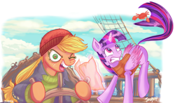 Size: 1072x636 | Tagged: safe, artist:jowyb, applejack, twilight sparkle, twilight sparkle (alicorn), alicorn, crab, earth pony, pony, ppov, captain jackbeard, clothes, female, lesbian, mare, one eye closed, open mouth, shipping, silly, silly pony, twijack, twijack weekly, who's a silly pony