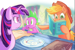 Size: 1038x701 | Tagged: safe, artist:jowyb, applejack, spike, twilight sparkle, twilight sparkle (alicorn), alicorn, dragon, earth pony, pony, where the apple lies, book, female, lesbian, liarjack, lying, male, mare, open mouth, plate, pointing, quill, seems legit, shipping, sweat, twijack, twijack weekly, unamused