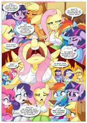 Size: 1024x1448 | Tagged: safe, artist:bbmbbf, applejack, fluttershy, pinkie pie, rainbow dash, rarity, twilight sparkle, anthro, earth pony, pony, comic:the power of dragon mating, series:the power of dragon mating, equestria untamed, palcomix