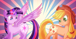 Size: 1280x665 | Tagged: safe, artist:jowyb, applejack, twilight sparkle, twilight sparkle (alicorn), alicorn, earth pony, pony, abstract background, female, glowing cutie mark, lesbian, looking back, mare, shipping, sunburst background, twijack, twijack weekly