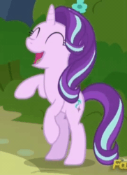 Size: 270x370 | Tagged: safe, screencap, starlight glimmer, pony, unicorn, to change a changeling, animated, cropped, cute, discovery family logo, excited, eyes closed, female, gif, glimmerbetes, grin, happy, hoofy-kicks, horses doing horse things, mare, open mouth, rearing, smiling, solo