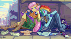 Size: 3129x1699 | Tagged: safe, artist:jowyb, fluttershy, rainbow dash, equestria girls, book, canterlot high, cellphone, clothes, converse, drink, female, flutterdash, headphones, lesbian, open mouth, papercraft, phone, scenery, shipping, shoes, sneakers, socks, statue