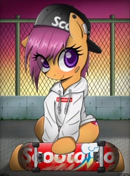 Size: 1221x1648 | Tagged: safe, artist:doriponi, artist:yorozpony, scootaloo, pegasus, pony, backwards ballcap, bandaid, clothes, cute, cutealoo, cutie mark, eyelashes, female, fence, filly, foal, hat, hoodie, hype beast, skateboard, skaterloo, smiling, solo, supreme, sweater, the cmc's cutie marks