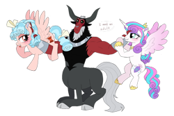 Size: 800x535 | Tagged: safe, artist:unoriginai, cozy glow, lord tirek, princess flurry heart, alicorn, centaur, pegasus, pony, adorable distress, armpits, blushing, bow, bracer, clothes, cloven hooves, colored hooves, cozirek, cozyheart, cute, dialogue, female, femdom, flirting, flurrek, frown, hair bow, i need an adult, jewelry, lesbian, male, mare, nose piercing, nose ring, older, older cozy glow, older flurry heart, ot3, piercing, presenting, regalia, scared, shipping, shoes, simple background, smiling, straight, tail bow, text bubbles, tirebetes, tirek gets all the mares, tongue out, transparent background, updated image, wall of tags