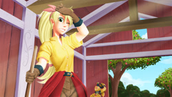 Size: 1920x1080 | Tagged: safe, artist:didj, applejack, human, barn, belt, clothes, crepuscular rays, female, gloves, humanized, looking at you, my little mages, one eye closed, pants, solo, tree, wink